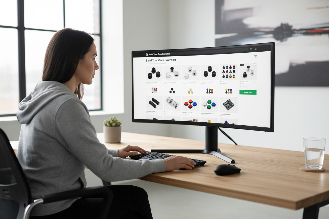 Frau die an einem Computer sitzt und auf einer Bestellseite Analogsticks und weiter Komponenten selektiert