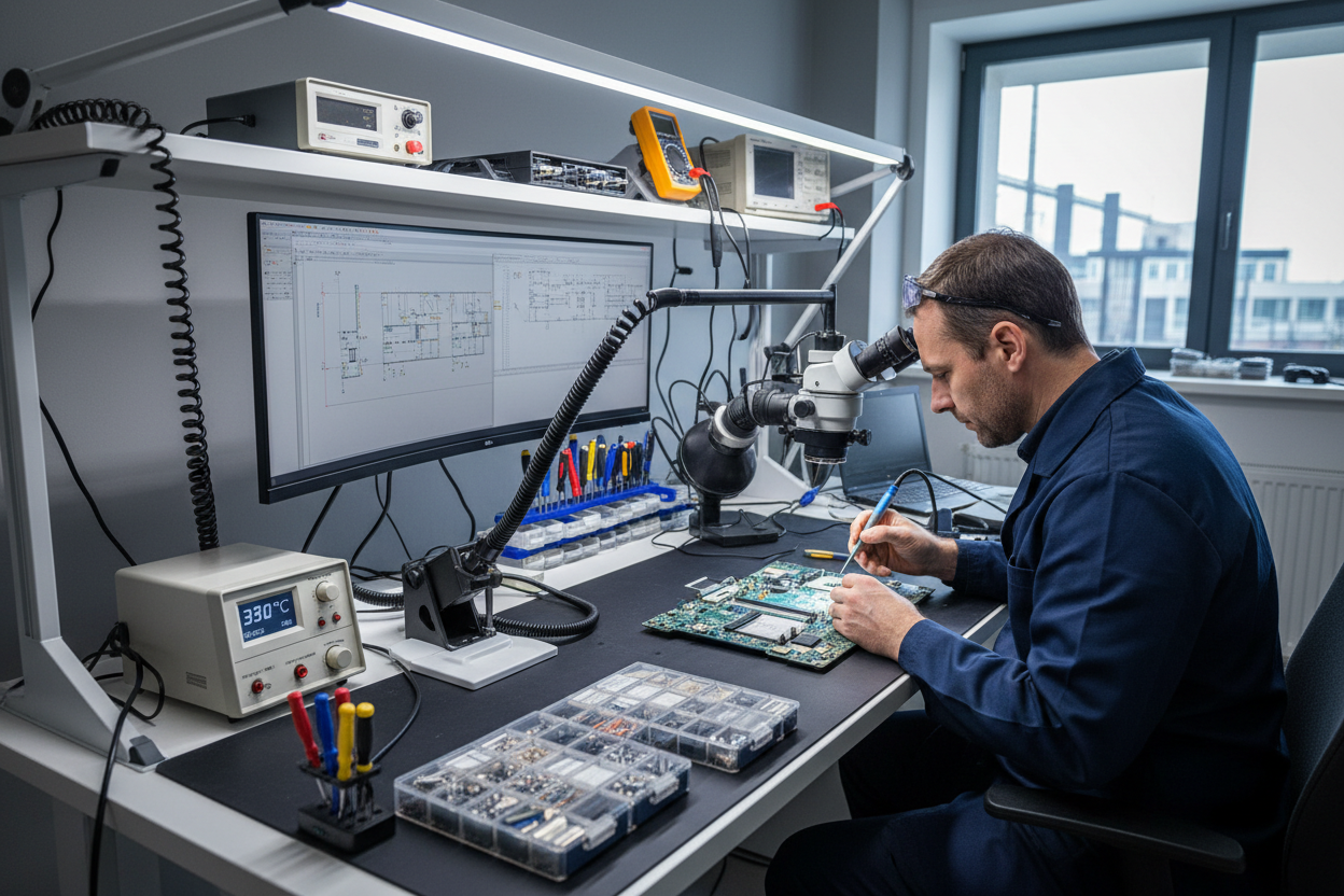 Mann der an einem Arbeitsbereich sitzt mit Lötstation und Heißluft Lötstation und dort arbeitet