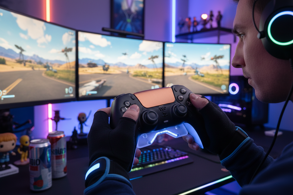 Person die mit ihrem neu umgebauten Playstation 5 Controller am spielen ist